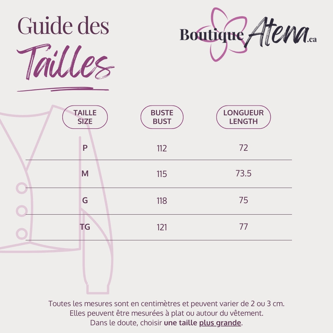 Guide des tailles - cardigan en tricot