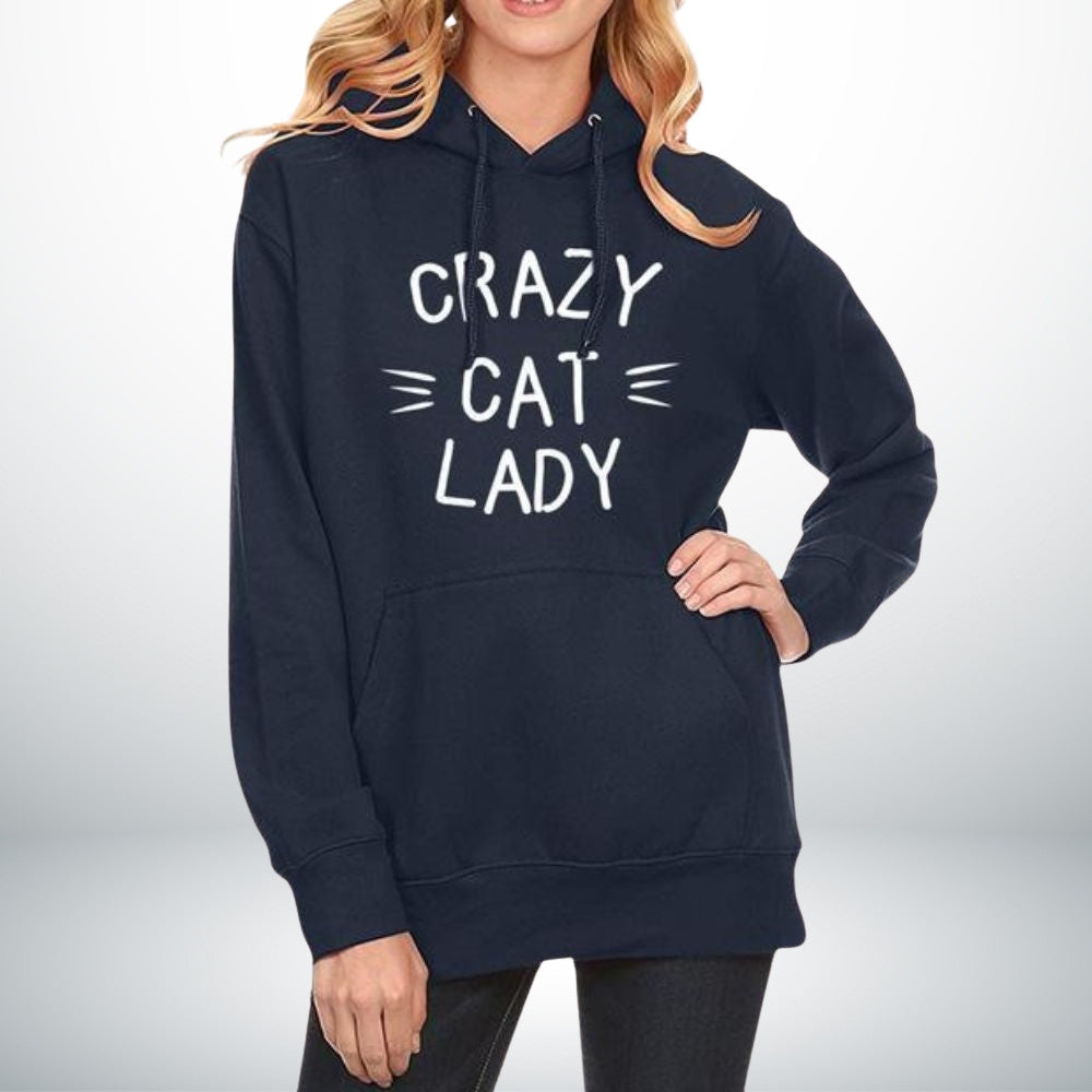 Hoodie Bleu Marin Imprimé blanc Crazy cat lady